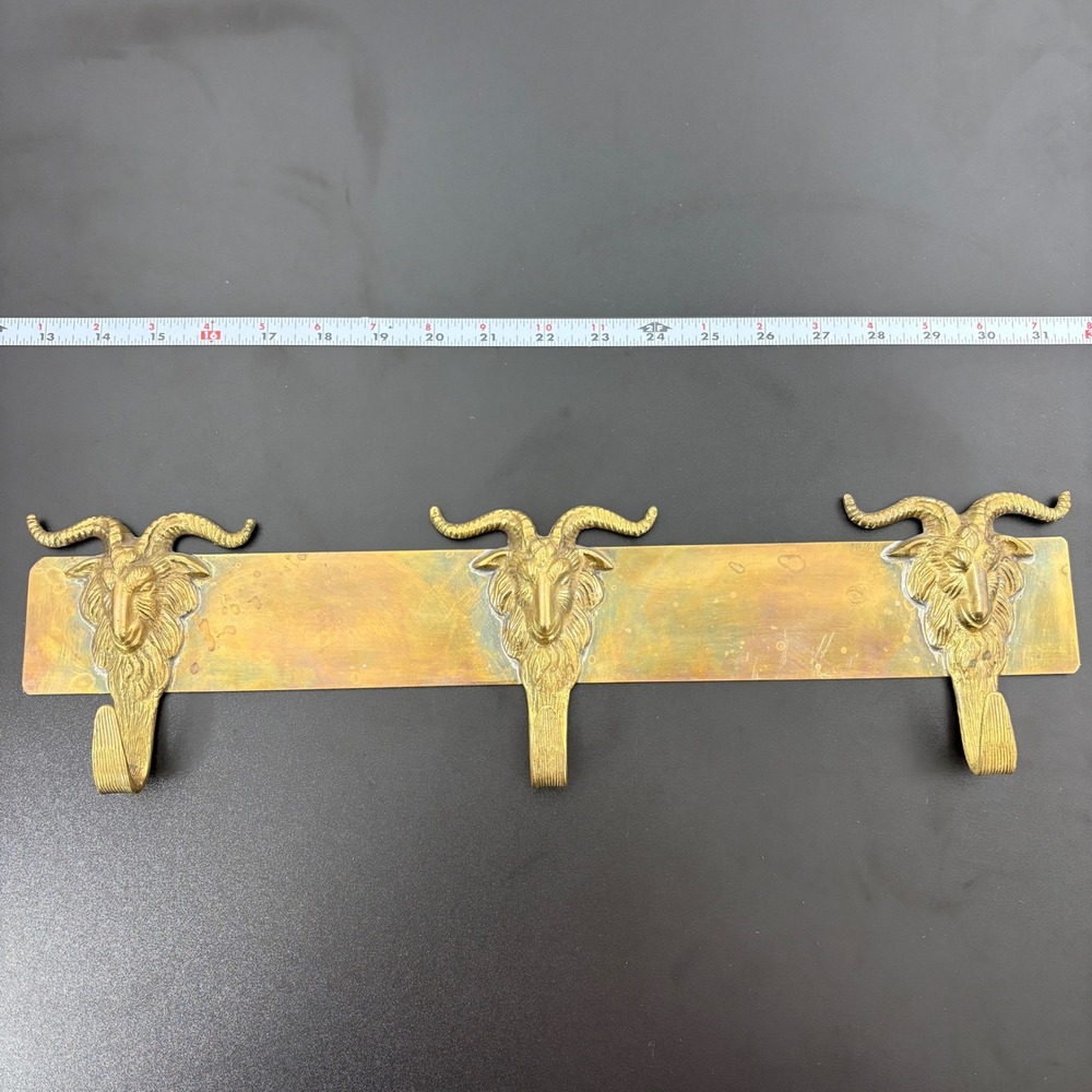 Pier 1 Vintage Brass Ram Goat Head Wall Hook Coat Rack 18.5" Gold 3 Hook India